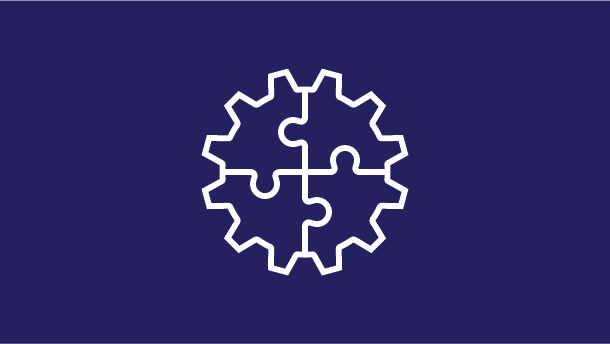 Icon of puzzle pieces within a gear